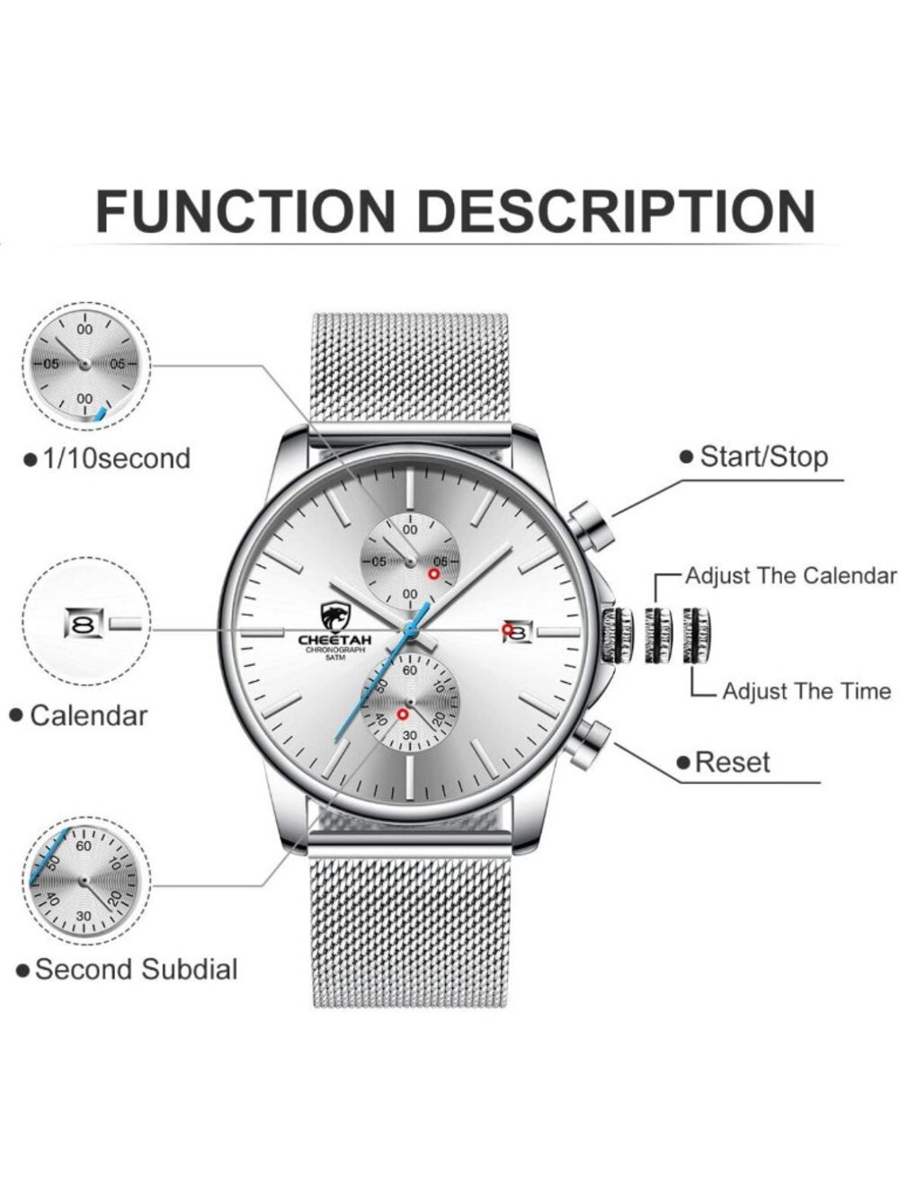 Sleek Minimalist Men's Watch - Waterproof Quartz Analog Chronograph with Mesh - Picture 3 of 9